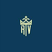 RV initial monogram shield logo design for crown vector image