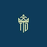 TD initial monogram shield logo design for crown vector image