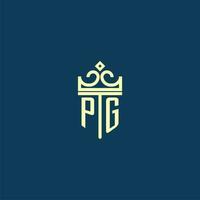 PG initial monogram shield logo design for crown vector image