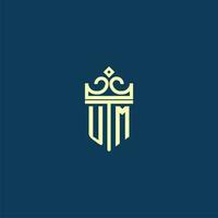 UM initial monogram shield logo design for crown vector image