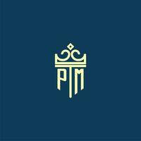 PM initial monogram shield logo design for crown vector image