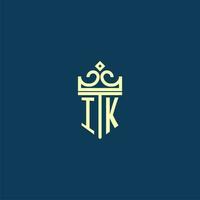 IK initial monogram shield logo design for crown vector image