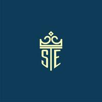 SE initial monogram shield logo design for crown vector image