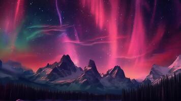 Dazzling Mountains with Aurora Borealis. Fuchsia Sky Establishment with copyspace. AI Generated video