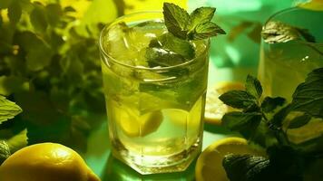 restablecimiento verano bebidas en perla lentes con verde borra fuera amarillo loseta establecimiento con sangre fría oscuridad. vídeo animación video