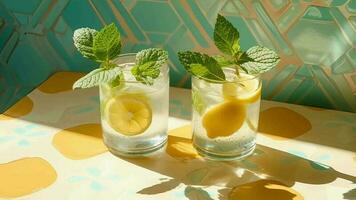 herstellen zomer drankjes in parel bril met groen wist uit geel tegel vestiging met koudbloedig schaduwen. video animatie