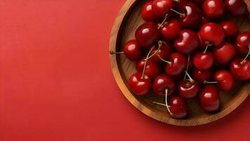 Beat see on organized sweet cherries in wooden bowl in daylight on getting to be flushed foundation. Video animation