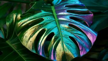 Closeup see of characteristic holographic monstera leaf. Video animation