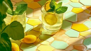 restabelecimento verão bebidas dentro pérola óculos com verde limpa Fora amarelo telha estabelecimento com a sangue frio sombras. vídeo animação video