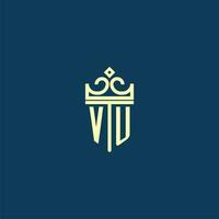 VU initial monogram shield logo design for crown vector image