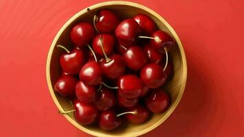 Beat see on prepared sweet cherries in wooden bowl in sunshine on reddish establishment. Video animation