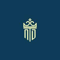 ND initial monogram shield logo design for crown vector image