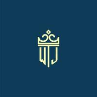 WJ initial monogram shield logo design for crown vector image