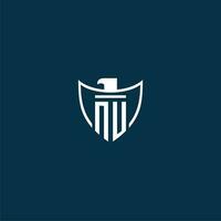 NU initial monogram logo for shield with eagle image vector design