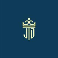 JD initial monogram shield logo design for crown vector image