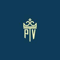 PV initial monogram shield logo design for crown vector image