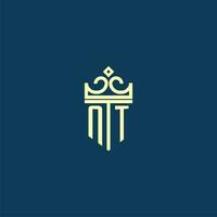 NT initial monogram shield logo design for crown vector image