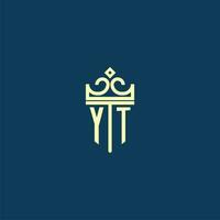 YT initial monogram shield logo design for crown vector image