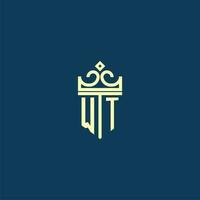 WT initial monogram shield logo design for crown vector image