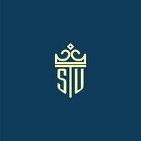 SU initial monogram shield logo design for crown vector image