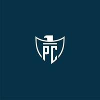 PC initial monogram logo for shield with eagle image vector design