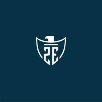 ZE initial monogram logo for shield with eagle image vector design