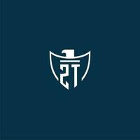 ZT initial monogram logo for shield with eagle image vector design