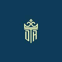 DR initial monogram shield logo design for crown vector image