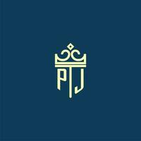 PJ initial monogram shield logo design for crown vector image