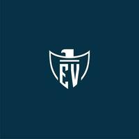 EV initial monogram logo for shield with eagle image vector design