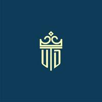 UD initial monogram shield logo design for crown vector image