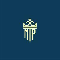 MP initial monogram shield logo design for crown vector image