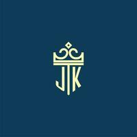 JK initial monogram shield logo design for crown vector image