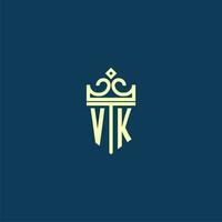 VK initial monogram shield logo design for crown vector image