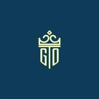 GO initial monogram shield logo design for crown vector image