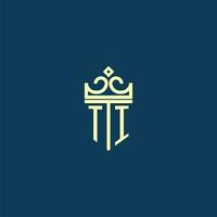 TI initial monogram shield logo design for crown vector image