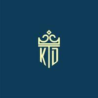 KD initial monogram shield logo design for crown vector image