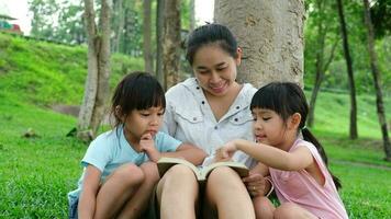 contento madre y dos hijas teniendo divertido y disfrutando leyendo a el parque. madre y hija descansando en el verano jardín, ella lee hada cuentos a su hija. video