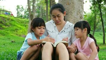 feliz mãe e dois filhas tendo Diversão e desfrutando lendo às a parque. mãe e filha em repouso dentro a verão jardim, ela lê fada contos para dela filha. video