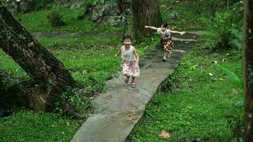 dos linda hermanas corriendo juntos en un Roca camino en un botánico jardín con verde plantas alrededor. niños estudiando naturaleza video