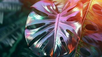 Closeup see of characteristic holographic monstera leaf. Video animation