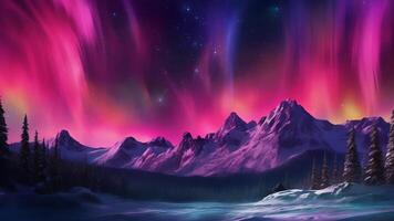 furchtbar Berge mit Aurora Borealis. Fuchsie Himmel Stiftung mit Exemplar. ai generiert video