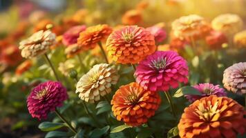 glänsande zinnia blooms stänga som en utsökt samla tid etablering. släppa ämne begrepp fundament. särskild Centrum. ai genererad video