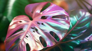 Closeup see of characteristic holographic monstera leaf. Video animation