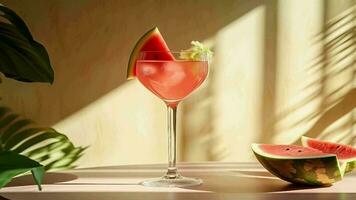 Watermelon cocktail on the table with sun shadows. Tropical concept. Video animation
