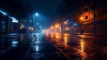 humide top noir, réflexion de néon lumières, une projecteur, fumée. hypothétique lumière dans une sombre purifier rue avec fumée, débiliter nuage. ai généré video