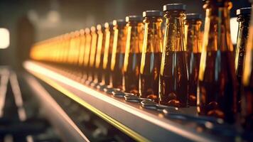 Brown glass brew drink liquor bottles, brewery transport, advanced period line. video