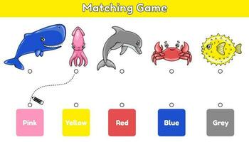 Matching children educational game. Match sea animals and colors. Task for preschool and school education. Activity book for kids. Cartoon cute vector whale, squid, crab, dolphin and fish.