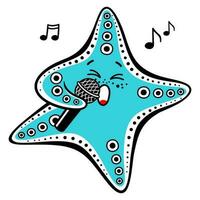 dibujos animados estrella de mar canto dentro un micrófono. vector ilustración de un linda mar estrella en un infantil estilo.