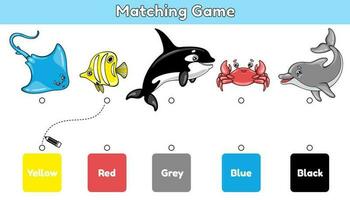 Matching children educational game. Match sea animals and colors. Task for preschool and school kids. Development activity book. Cartoon cute vector stingray, fish, orca, crab and dolphin.